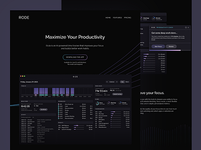 TIME TRACKER PLATFORM - ROAD ai powered dark mode dashboard data visualization focuc improvement landing page modern design productivity productivity tools software staats task automation tech time management time tracker uiux design user interface web design work habits workflow optimization