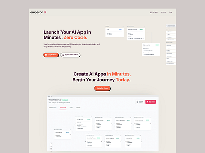 emperor.ai - task automation platform ai powered ai tech clean design dat sources data manament data visuals landing page light color palette no code platform productivity programming sleek layout software task automation task creation ui design user interface website design workflow