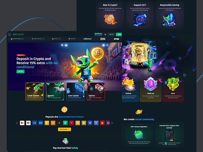 Miracle - Crypto gaming website automated pays crypto crypto casino crypto currency crypto wallet digital gambling gaming website illustration modern ui multi currency online casino payouts play 2 earn promotions responsible gaming space theme trading user friendly user experience web design