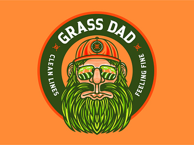 Grass Dad Badge aviators badge beard clean dad daddy design grass grassy green green thumb hat lawn lines orange patch skull type typography vector