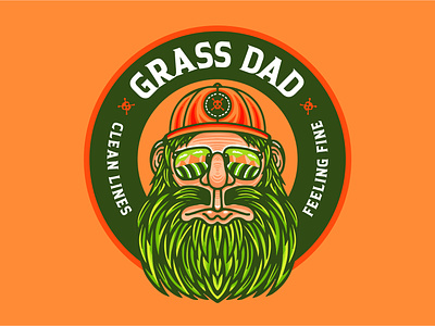 Grass Dad Badge aviators badge beard clean dad daddy design grass grassy green green thumb hat lawn lines orange patch skull type typography vector