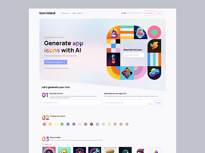 Icon Island - AI App Icon Generator Website ai generator ai icon generator ai tools app icon color palette creative design tools digital marketing image generation landing page no code software style ui design user friendly interface user interface uxui website website builder white theme