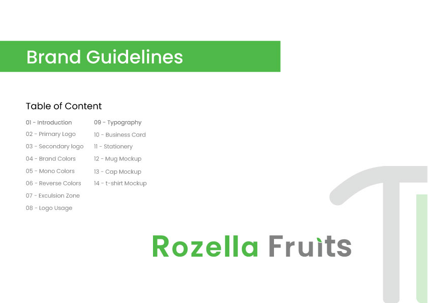 Rozella Fruits Complete Brand Guidelines brand designer brand guidelines brand identity brand visuals branding design graphic design illustration logo logo branding logo concepts logo design modern logo motion graphics simple logo visions visual branding