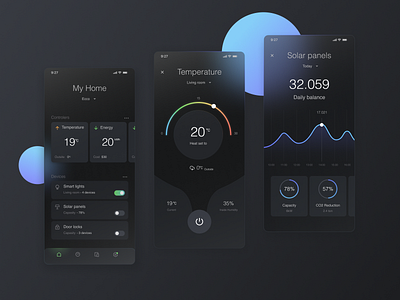 Smart Home - mobile app design app controllers dailyui dark dark mode dashboard data data visualization eco frosted frosted glass glass glass morphism glassmorphism home navbar panel smarthome ui ux