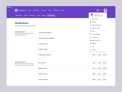 Notifications settings page — Untitled UI admin dashboard design system figma form minimal minimalism notifications preferences settings settings page tabs toggle ui kit web app