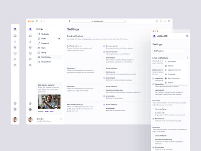 Notification settings page — Untitled UI checkboxes clean ui dashboard design system figma form form layout minimal minimalism notification settings preferences radio buttons settings simple ui kit figma