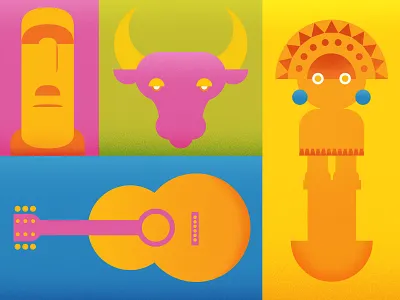 Vibrant illustrations Tumi, Guitar, Bull, Easter Island Head animals bull color colorful drawing easter island flat gold guitar icon illustration inca latin llama minimal moai peru texture tumi vibrant