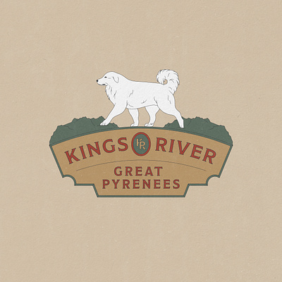Kings River Great Pyrenees Branding (Unused Concept), 2022 badge brand identity branding breeder california design dog dogs great pyrenees illustration kennel mountains puppies puppy pyrenees vintage