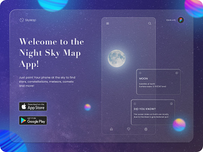 Mobile App in Glassmorphism app dark theme design glass glassmorphism landing landing page made in figma mobile app moon night sky night sky map shapes ui web design