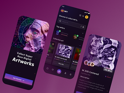 NFT Marketplace - Mobile App UI design app bitcoin blockchain coin crypto cryptocurrency ether ethereum exchange futuristic glassmorphism interface marketplace mobile nft nft art token ui ux wallet