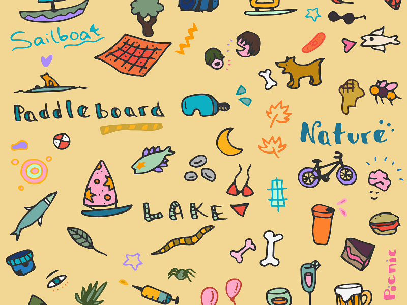 Summer Doodle☀️🐕🛶🕷️ background character cute design doodle food fun hero icon illustration kawaii lake nature new pattern sketch stock summer vector weekend