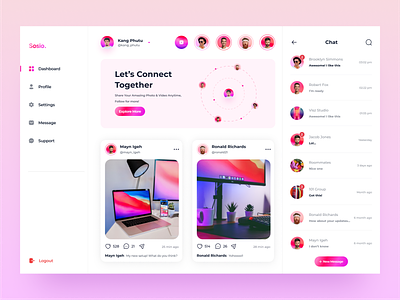 Sosio - Dashboard app application card dashboard design desktop pink social media timeline ui uidesign user experience user interface ux