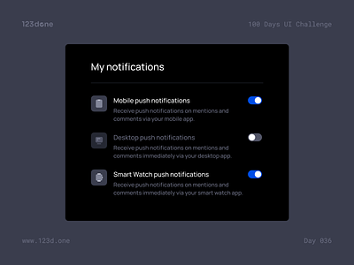 Day 036 — Notification Settings | 100 days UI challenge 123done check daily ui dailyui design design kit design system interface notification toggle ui ui kit universal design system (web)