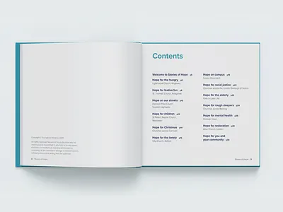 Contents page for book design for Stories of Hope book design book designer layout design page layout print design typesetting typography