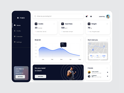 Fitness Dashboard Redesign app app design app mockup cardio clean dark ui dashboard fitness fitness dashboard gym health heart rate minimal mobile app saas trainer training ui ux design yoga