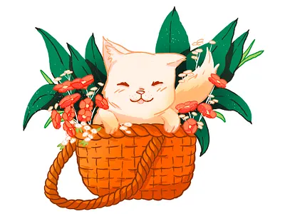 Little kitty in a basket animal basket birth cat cute doodle draw drawing flower illustration kawaii kitty plant