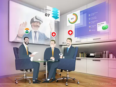 Virtual meeting in meta world 3d ado adobe illustrator ar avatar concept design graphic design illustration meeting meta world metaverse nft ui ux vector virtual reality virtual world vr