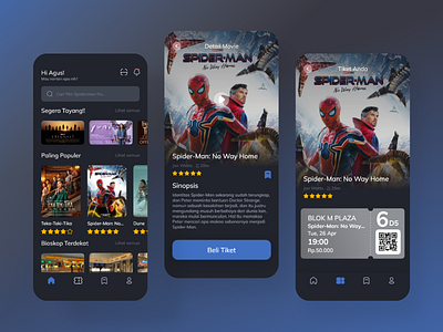 Movie App - Cinema Booking App bioskop booking cinema cinema booking dark mode film graphic design mobile app movie movie poster movies online simple ticket booking tiket ui ui ux uidesign