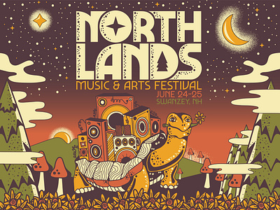 Northlands Music and Arts Festival Art and Identity branding clouds design flower illustration jam logo moon mushroom music music festival new hampshire rock and roll sky speakers stars sunset tortoise trees turtle