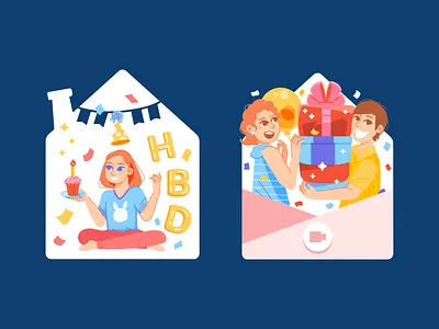 Birthday Onboarding balloon birthday casual celebrate character colorful friends illustration invitation invite onboarding party sketch ui ui design vector video call