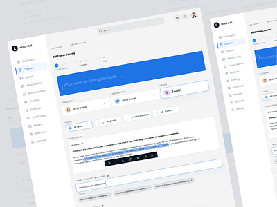 Add new course add new add tag category clean create course drop down education form lms tag features text editing ui upload ux web app