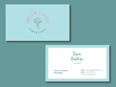 SMILEY FLORAL Business Card adobe adobe illustrator blue business card cute business card floral shop logo pastel colors pink