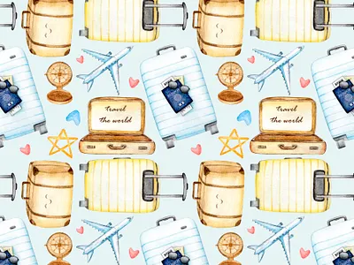 Travelling watercolor seamless pattern adorable agency blue childish clipart cute graphic illustration kids pattern seamlesss suitcase travel travelling