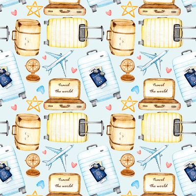 Travelling watercolor seamless pattern adorable agency blue childish clipart cute graphic illustration kids pattern seamlesss suitcase travel travelling