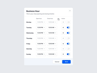 Add Business Hour Modal - Business Management System add time admin panel app business hour dashboard minimal modal opening hour popup sass schedule shop timeline ui ux webapp