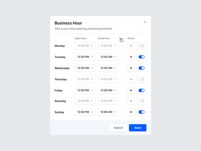 Add Business Hour Modal - Business Management System add time admin panel app business hour dashboard minimal modal opening hour popup sass schedule shop timeline ui ux webapp
