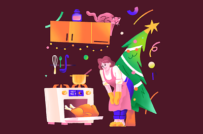 Xmas Dinner 2d brazil cat character dinner fiverr flat holiday holidays illustration kitchen oven pine season simple tree tropical turkey xmas