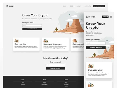 Giddy.co branding cactus crypto cryptocurrency desert email form giddy illustration landing page mobile plateau ui ux western