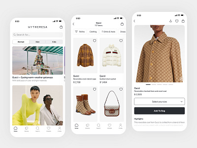 E-commerce Mobile App Design | MYTHERESA - Luxury Fashion app clean design clothing store ecommerce fashion app gucci minimal mobile mobile app mytheresa online shop online shopping app shopping store ui ux