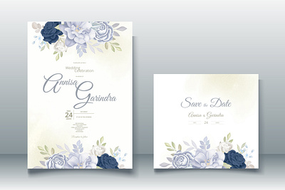 Romantic Wedding invitation card template set with blue floral l card design floral flower frame illustration logo text ui vector wedding