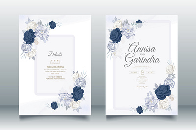 Romantic Wedding invitation card template set with blue floral card design floral flower frame illustration logo ui vector wedding