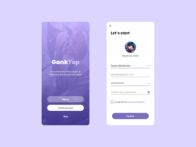 GankTop - LoL App | Daily UI Challenge 001 (Sign up flow) app daily ui design form league of legends lol sign up ui