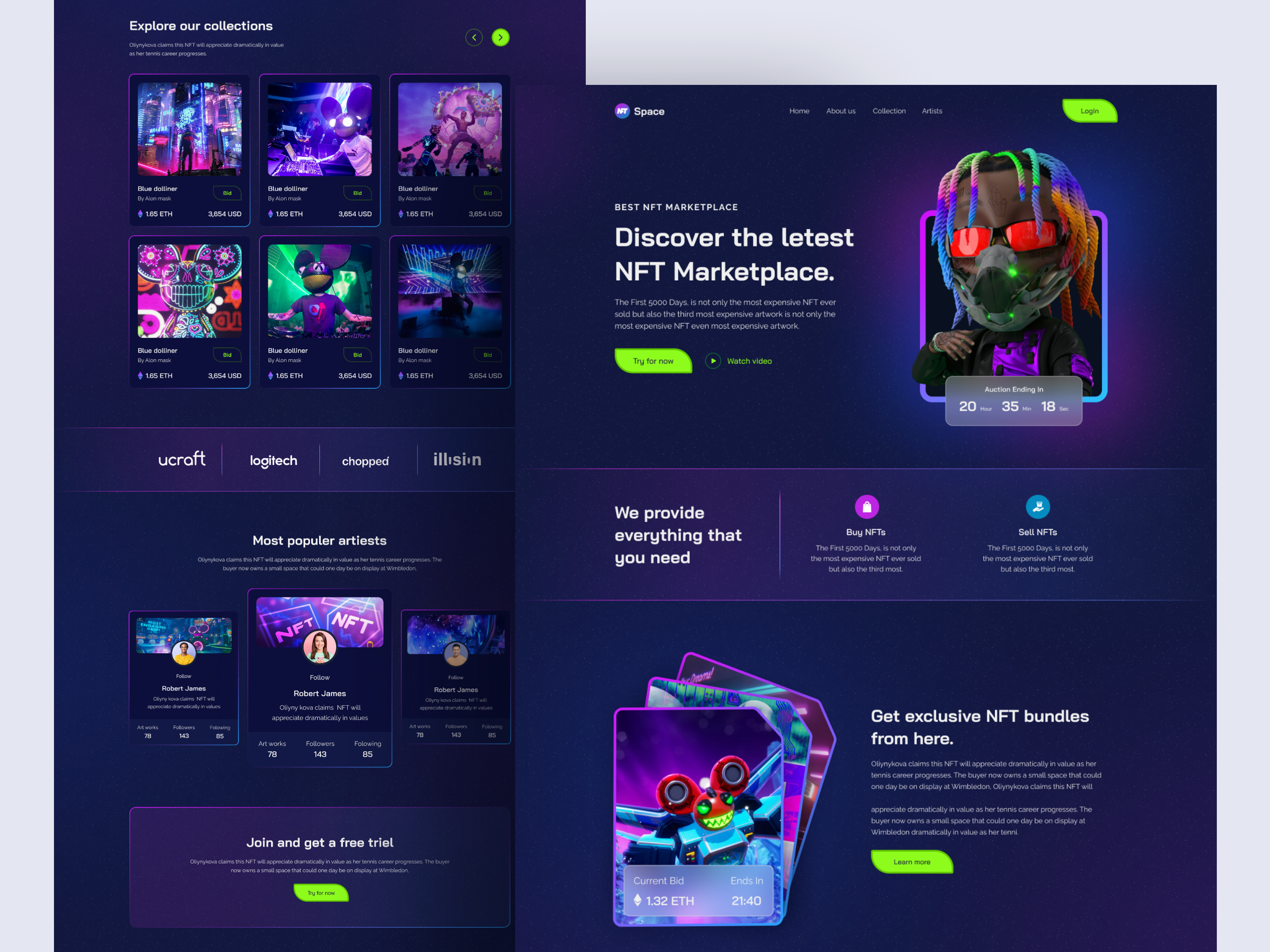 NFT Landing Page Design blockchain crypto crypto art crypto currency dark digital art ethereum home page landingpage nft nft landing page nft space token trending web design website