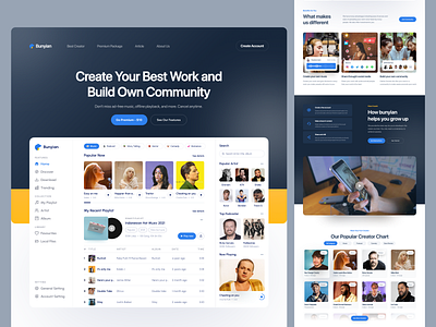 Bunyian Audio Platform Landing Page audio audio dashboard audio platform clean dashboard clean design clean landing page dashboard landing page intro landing page membership music music dashboard music platform on boarding podcast podcast dashboard podcast platform popular dribbble popular landing page unique layout