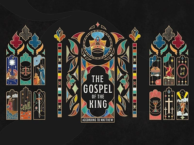 The Gospel of the King bible church church logo cross crown gospel illustration justice king kingdom ministry nativity parables resurrection sermon art sermon series stained glass sword