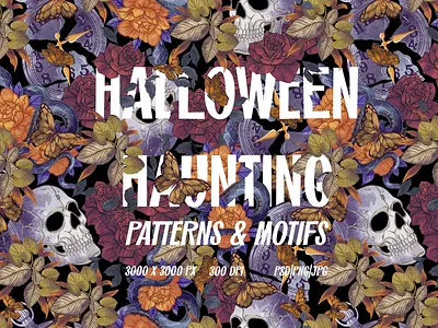 Halloween haunting pattern and motifs art halloween haunted illustration leaves patterns skulls snakes