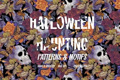 Halloween haunting pattern and motifs art halloween haunted illustration leaves patterns skulls snakes
