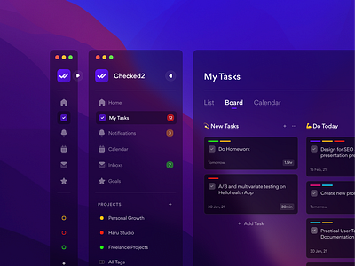 Checked2 - Task Management App - Dark Theme app calendar check dark dashboard design desktop focus hover management minimal mode product design tag task theme time todolist ui website