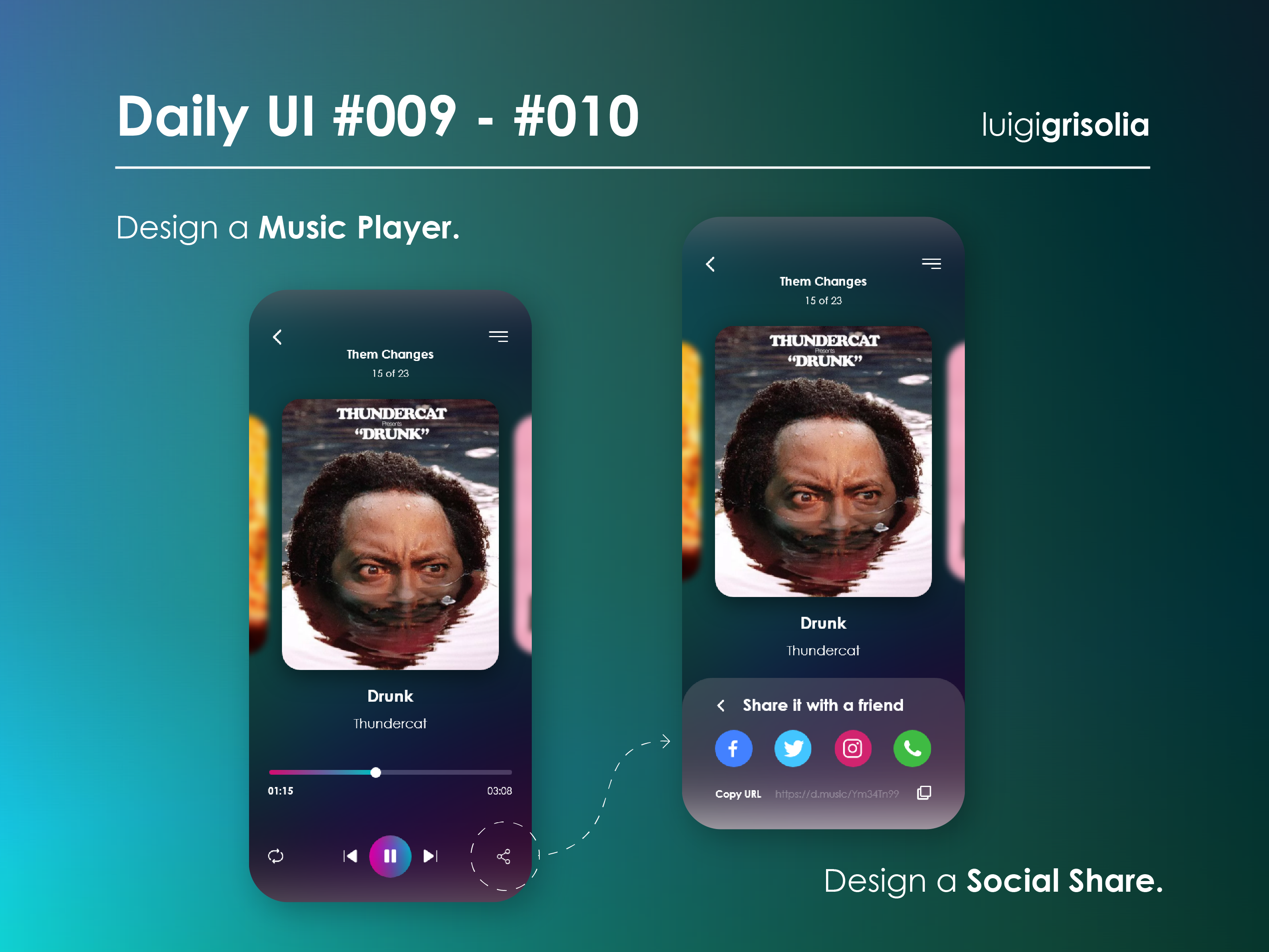 Example of Daily UI #009 & #010 - Design a Music Player/Social Share