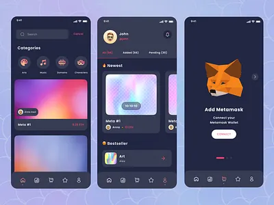 Marketplace for NFT and Crypto Dark mode IOS App crypto crypto wallet figma illustration iosapp marketplace metamask mobile app design mobile ui nft nft app nft marketplace nfts ui uiuxdesign