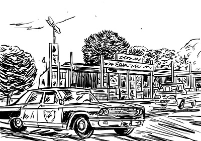 Abandoned City black and white digital ink line drawing police car sketch