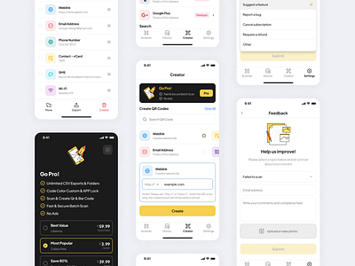QR Reader App app application color creator dark light premium pricing qr code qr reader scan scanner settings ui ui design ux