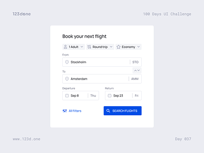 Day 037 — Flight Booking | 100 days UI challenge 123done booking design design system input interface select ui ui kit universal ui kit (web)