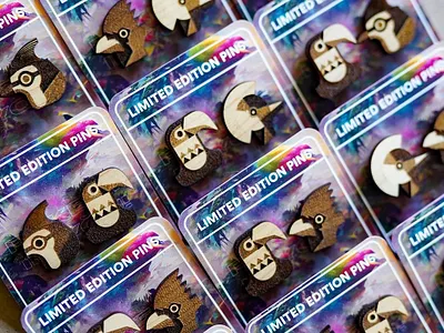 Birds Pins, lasercut out of maple bird carving design engrave etch goods for sale illustration lasercut limited edition pins texture toucan vector wood