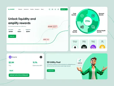 Leader DeFi Platform asset management blockchain crypto crytptocurrency defi digital assets eth finance fintech green color effect landing liquid staking platform polygon rewards security staking web3 white theme yield farming