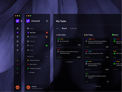 Checked2 - Task Management App - Dark Theme 2 app board calendar dark dashboard design desktop focus management mode product design project schedule tag task theme time todolist ui website